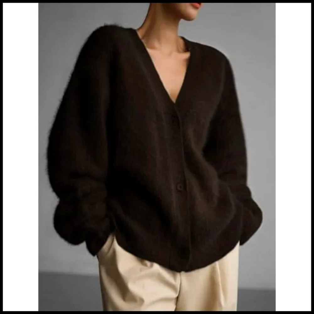 Women's Fuzzy V-Neck Cardigan Long Sleeve Button Down Slouchy Sweater_3